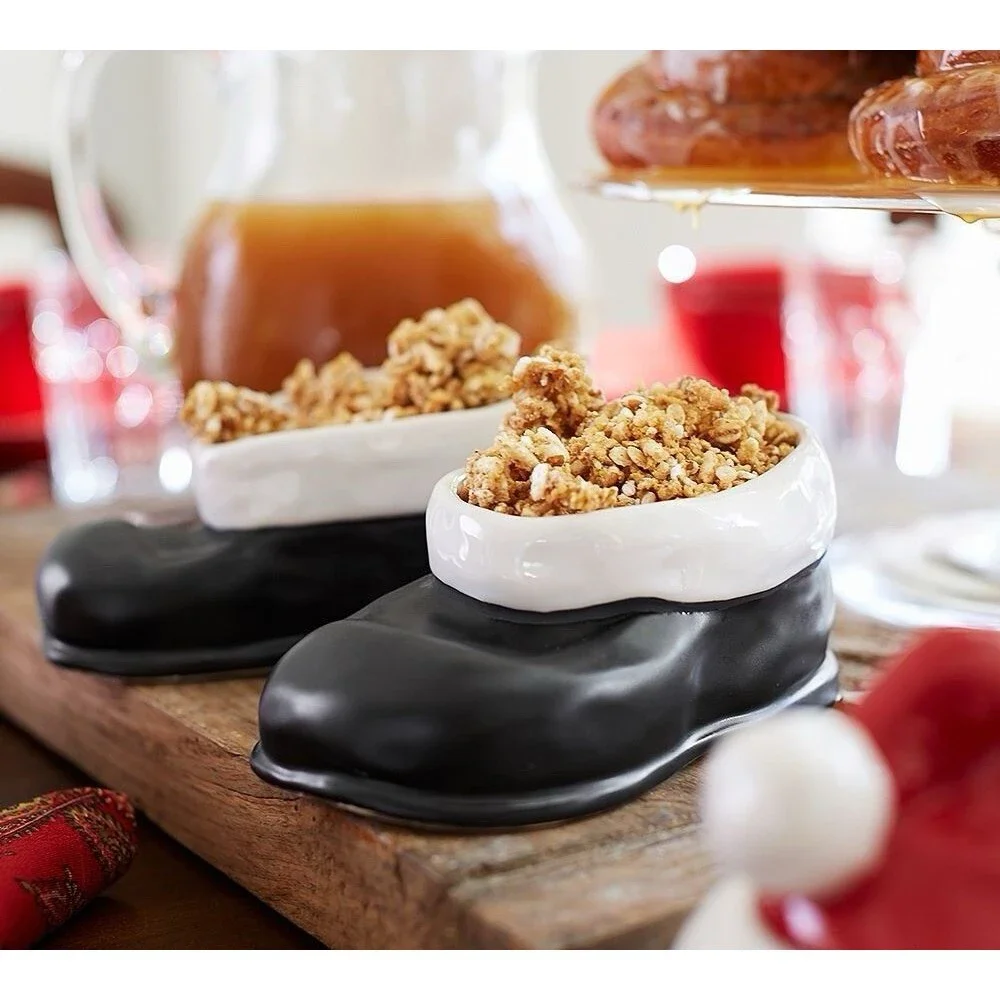 POTTERY BARN SET OF 2 CERAMIC SANTA BOOT SNACK BOWLS